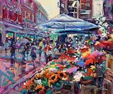Norman Teeling, Flower Sellers, Grafton Street, Dublin, oil on board