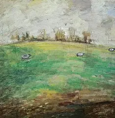Basil Blackshaw, Landscape with Sheep, oil on board