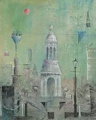 Peter Pearson, Red Balloon above the Campanile, Trinity College, oil on board