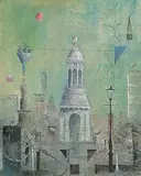 Peter Pearson, Red Balloon above the Campanile, Trinity College, oil on board