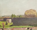 Patrick Leonard, Haystacks and Hens, Rush, Co. Dublin, oil on board