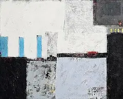 Michael Hales, Lost Cities, Lime and Crimson, encaustic, oils and gold leaf on canvas laid on board