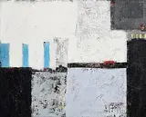 Michael Hales, Lost Cities, Lime and Crimson, encaustic, oils and gold leaf on canvas laid on board