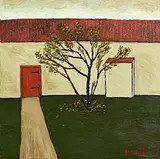 Cottage with Red Door and Tree by Graham Knuttel, oil on canvas, sold Jul 2025