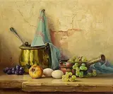 Robert Chailloux French, Brass Pot, Fruit, Eggs and Pottery, oil on canvas