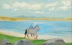 Barbara Warren, Lunging on the Beach, oil on canvas board