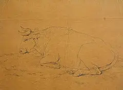 Resting Bull by Eugène Verboeckhoven, 1857, pencil on paper, sold Jul 2025