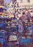 Arthur K. Maderson, Market Day, Le Vigan, France, mixed media on board