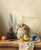 Robert Chailloux French, Oil Lamp, Pottery, Flagon and Fruit, oil on canvas