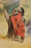 Henry Jones Thaddeus, Native American in Headdress, pencil and watercolour heightened with white on paper