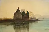 Andrew Nicholl, Castle Ruins and Tall Ship in the Bay, watercolour