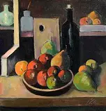 Peter Collis, Fruit in Wooden Bowl, oil on canvas board