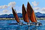 Ivan Sutton, Galway Hookers, Roundstone Bay, oil on board
