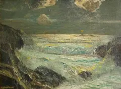 Julius Olsson, Nocturne Lighthouse off the West Coast, oil on canvas