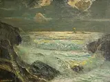 Julius Olsson, Nocturne Lighthouse off the West Coast, oil on canvas