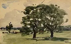 Nathaniel Hone, Two Trees in Park - Dark Trees and Hill on Horizon, watercolour on paper