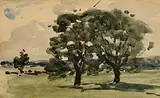 Nathaniel Hone, Two Trees in Park - Dark Trees and Hill on Horizon, watercolour on paper