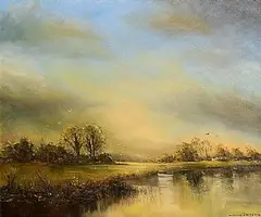 Moored Boat by Norman J. McCaig, oil on canvas, sold May 2025