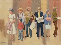 Bus Queue by Robert Taylor Carson, 1981, oil on canvas, sold May 2025
