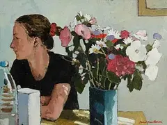 James MacKeown, Girl with Flowers, oil on canvas