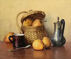 Robert Chailloux, Pears, Wicker Basket, Jug and Mug, oil on canvas