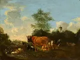 19th Century Flemish School, Cattle, Sheep and Goats, oil on panel