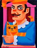 Graham Knuttel, Mr. Punch with Cat, acrylic on canvas