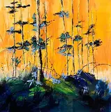 Paula McKinney, Sunlit Trees, oil on board