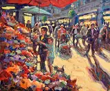 Norman Teeling, Flower Sellers, Duke Street, Dublin, oil on board