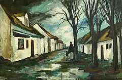 Markey Robinson, Landscape with Cottages, Woman and Child, oil on canvas
