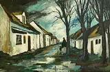 Markey Robinson, Landscape with Cottages, Woman and Child, oil on canvas