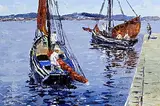 Ivan Sutton, Galway Hookers Leaving Harbour, Lettermore, Rosmuc, Galway, oil on canvas board