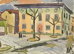 Elizabeth Rivers, Italian Piazza, watercolour and gouache on paper