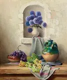 Robert Chailloux French, Still Life - Globe Thistles and Fruit, oil on canvas