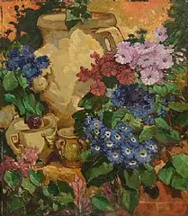 Kathleen Fox, Summer Flowers by the Potting Shed, 1956, oil on canvas board
