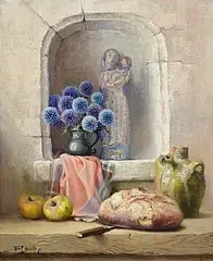 Robert Chailloux French, Still Life - Pewter Jug of Thistles with Bread, 1991, oil on canvas