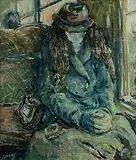 George Campbell, Woman on a Train, oil on board