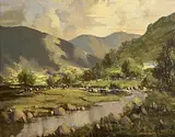 George K. Gillespie, Cottages on the Owenmore, Connemara, oil on canvas