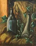 Christy Brown, Still Life - Bottles and Flowers, oil on board