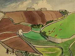 Cape Cornwall by Medora Heather Bent, gouache and ink on card, sold Jan 2025