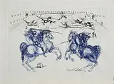 Salvador Dali Spanish, Blue Cavaliers, etching in colours on Japanese Rice Paper, printed in 1973