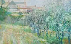Fruit Trees in Flower by Victor Richardson, 1985, pastel on paper, sold Jan 2025