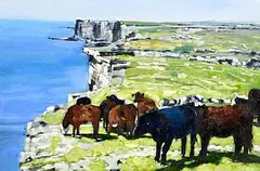 Michael Hanrahan, Cattle on Dun Angus, Inis Mor, oil on canvas board