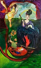 Margaret Corcoran, Queen of Nine Wands, oil and collage on canvas