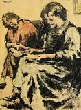 William Conor, Reading the Letter, wax crayon on paper