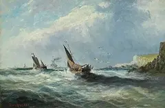 Edwin Hayes, Sailing in Choppy Seas, with Steamer in Background, oil on board