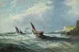 Edwin Hayes, Sailing in Choppy Seas, with Steamer in Background, oil on board
