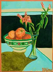 Rachel Strong, Still Life - Fruit and Flowers, oil on card laid on board