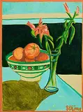 Rachel Strong, Still Life - Fruit and Flowers, oil on card laid on board