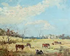 James Le Jeune, Cows in Pasture, oil on canvas laid on board